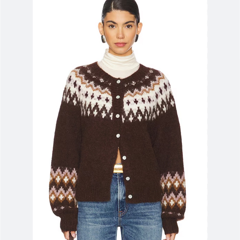 Nation LTD Lula Fair Isle Cardigan Sweater Alpaca Brown